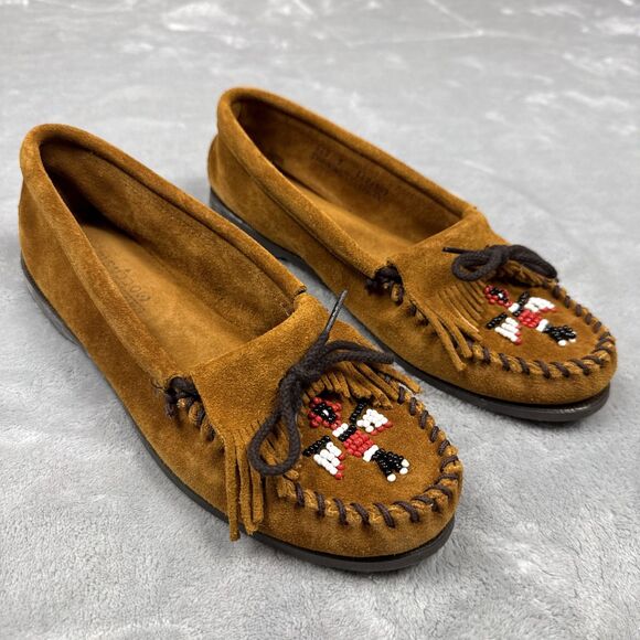 Minnetonka Thunderbird Moc Suede Moccasins Sz 9 Beaded Brown Slip On Slipper - Picture 1 of 11